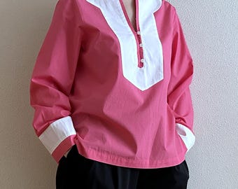 Vintage Pink Tunic Blouse White Trim Cotton Top Retro Mod Long Sleeve Boho Shirt Scandinavian Style Women’s Top