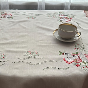 Vintage julduk broderad jultomte och järnek juldekoration polyesterduk festlig juldekoration