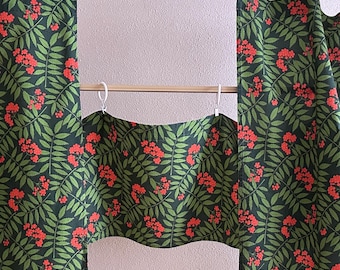 Conjunto de 3 painéis de cortina de cozinha, cortina vintage sueca com padrão de sorveira, cortina de cozinha de freixo da montanha, saia de janela de algodão verde