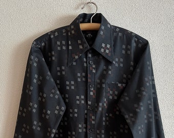 Vintage Men's Shirt Black Shirt Mens Shirt Huge Collar Long Sleeve Gentlemen's Shirt Button Down Butterfly Collar Retro Shirt size 39-40