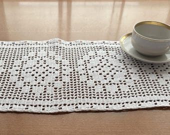 Handmade Crochet Lace Table Runner White Cotton Doily Runner Vintage Cottagecore Table Decor