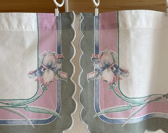 Vintage Floral Curtain Valances Pink Iris Print with Scalloped Edges Cottagecore Window Treatment Set of 2