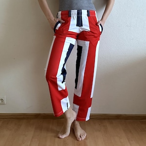 Vintage Union Jack Flag Pants Red White Blue Graphic Print Trousers 70s Inspired Statement Pants Retro Mod Fashion Elastic Waist Patriotic