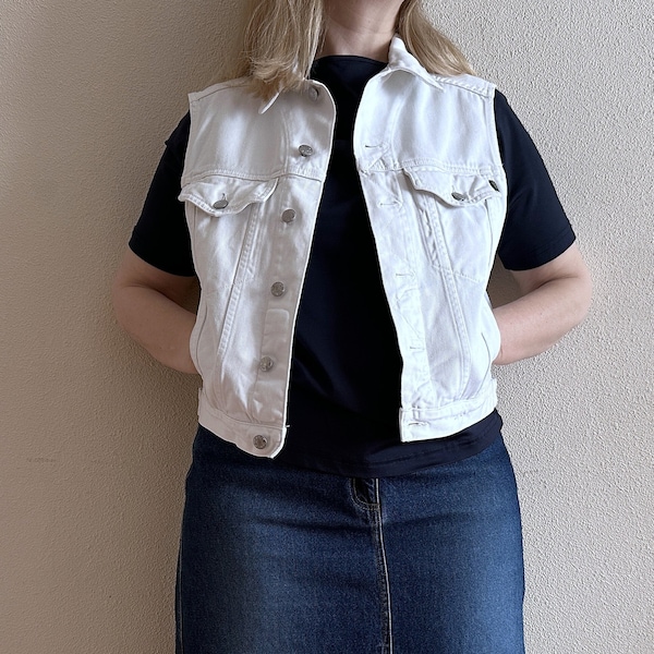 White Denim Vest White Cotton Vests White Jean Waistcoat Metal Buttons Unisex Country Western Boho Sleeveless Denim Jacket