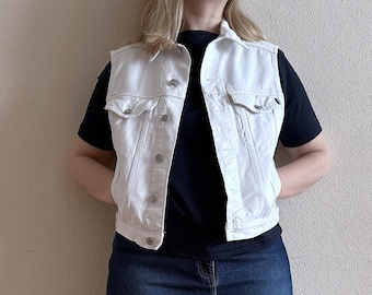 White Denim Vest White Cotton Vests White Jean Waistcoat Metal Buttons Unisex Country Western Boho Sleeveless Denim Jacket