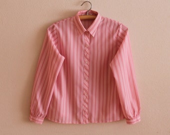 Women's Blouse Vintage Blouse Pink Striped Shirt Women Shirt Long Sleeve Top Button up Romantic Secretary's