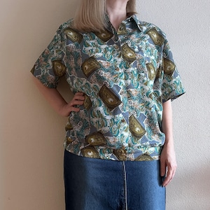 Vintage Blouse Women&#39;s Blouse Green Khaki Grey White Orange Silkie Jacket Blazer Blouse Short Sleeve Shirts Button up Large Size