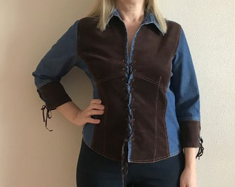 Denim Shirt Women&#39;s Blouse Blue Denim Blouse Brown Corduroy Shirt Blue Womens Shirt Vintage Shirt 3/4 Sleeve Lace up Denim Shirt Medium Size