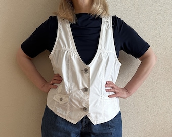 White Women Vest White Cotton Vests White Waistcoat Metal Buttons  Sleeveless Summer Jacket Large Size