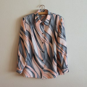 Women&#39;s Blouse Vintage Blouse Abstract Print Blouse Long Sleeve Lightweight Shirt Button up Top Pink Gray Shoulder Pads Plus Size