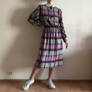 Vintage 80's Dress Plaid Women Dress Detachable Collar Elastic Waist Midi Long Sleeve Secretary Dress Shoulder Pads