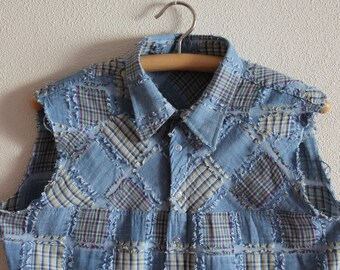 Blue Top Summer Blouse Sleeveless Shirt Button up Unisex Extra Large Size