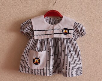 Vintage Baby Dress White Girls Dress With White Collar Anchor Print  Striped Children's Dress Short Puff Sleeves Kids Dress Summer Toddler