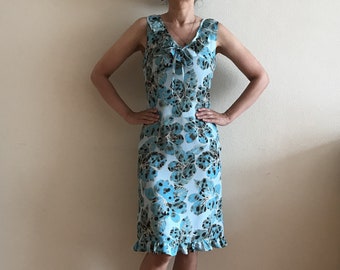 Vintage Summer Dress Blue Floral Sleeveless V Neck Midi Ruffle Trim Flower Print Knee Length Small Size