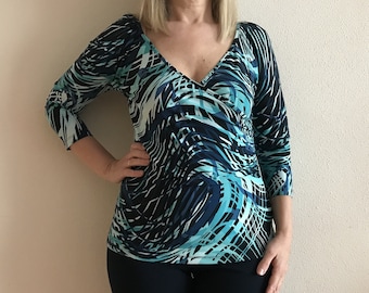 Vintage Women Top 3/4 Sleeve Blouse Black Navy Blue Sea Blue Abstract Print V Neck Large Size