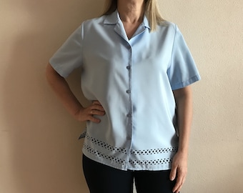 Vintage Women's Blouse Blue Women Shirt Short Sleeve Blouse  Light Blue Top Button up Cut Out Secretary's Plus Size Extra Large