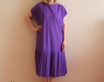 Vintage Dress Purple Dress Accordion Pleated Dress Purple Women Dress Short Romantic Secretary Knee Length Midi