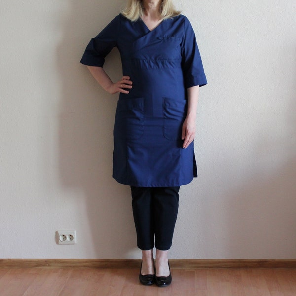 Women's Dress Nurse Costume Nurse Dress Navy Blue Nurse Uniform Therapist Dentist Uniform Half Sleeve Tunic