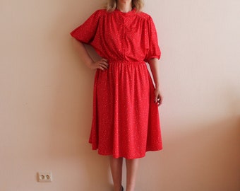 Vintage Dress Red Dress Polka Dot Dress 3/4 Sleeve Dress Romantic Knee Length Midi Button up Elastic Waist Dress Large Size