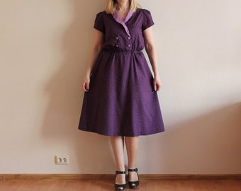Women's Dress Purple Dress Purple Midi Dress Vintage Dress Short Sleeve Dress Elastic Waist Hand Made Summer Dress