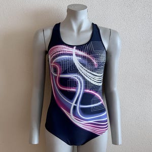 One Piece Swimsuit Retro Bodysuit Blue Swimsuit One Piece Bathing Suit Vintage Swimwear  Abstract Print Swimming Suits