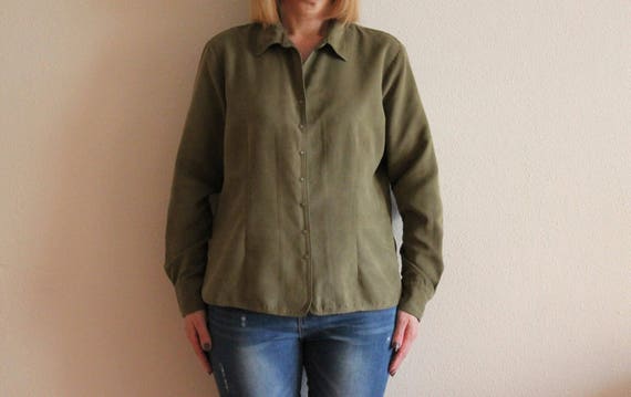 Blusa vintage Blusa de mujer Camisa de mujer Blusa de mujer de color caqui Blusa de manga larga con botones Camisa de novia Secretaria de gran tamano Etsy Espana