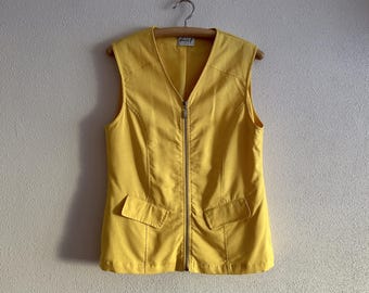 Vintage Women's Vest Yellow Linen Blend Vest Zip up Fitted Waistcoat