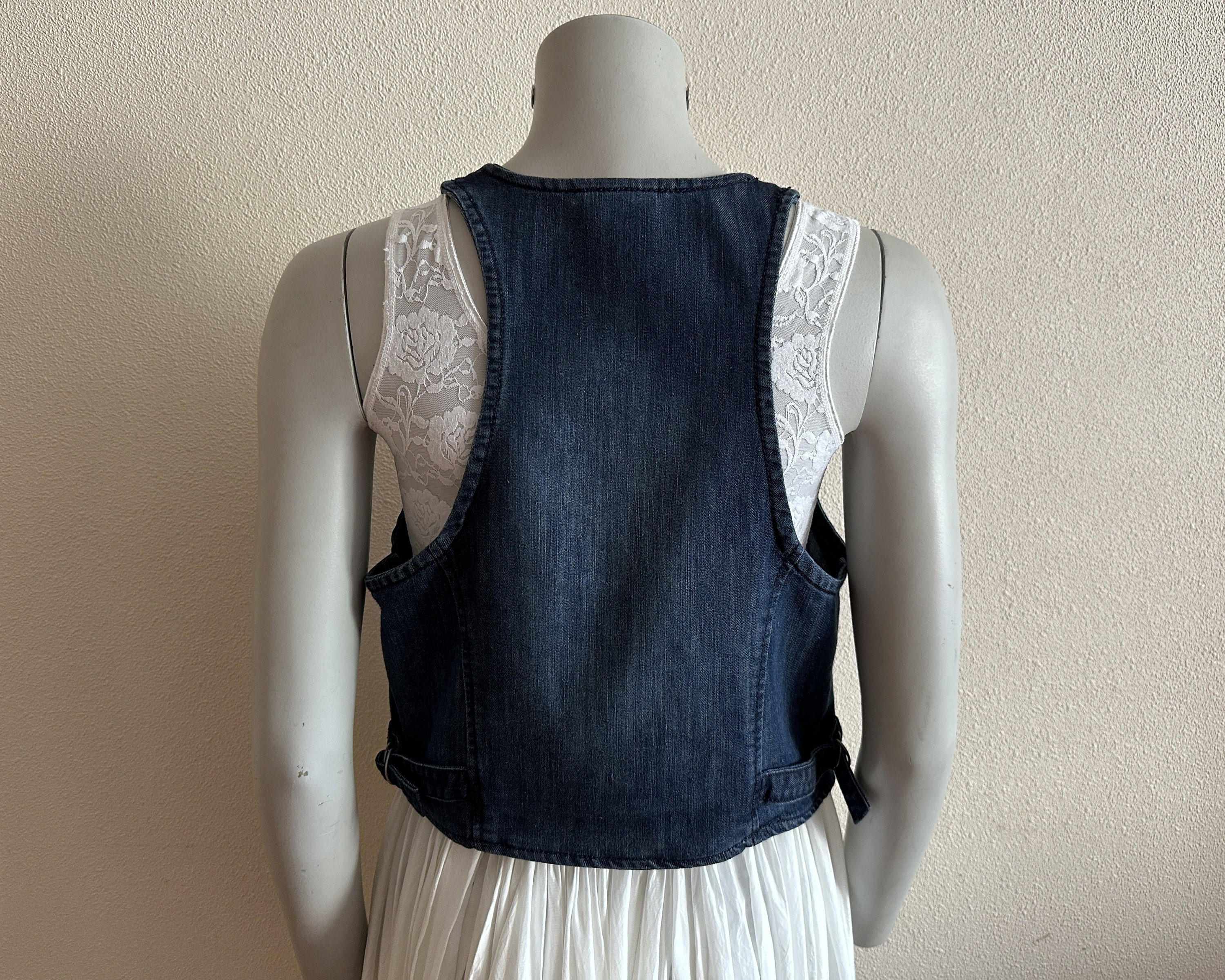 Gilet En Jean À Revers Pour Femme - Veste Sans Manches Boutonnée Perlé Dentelle Cowboy Grande Taille