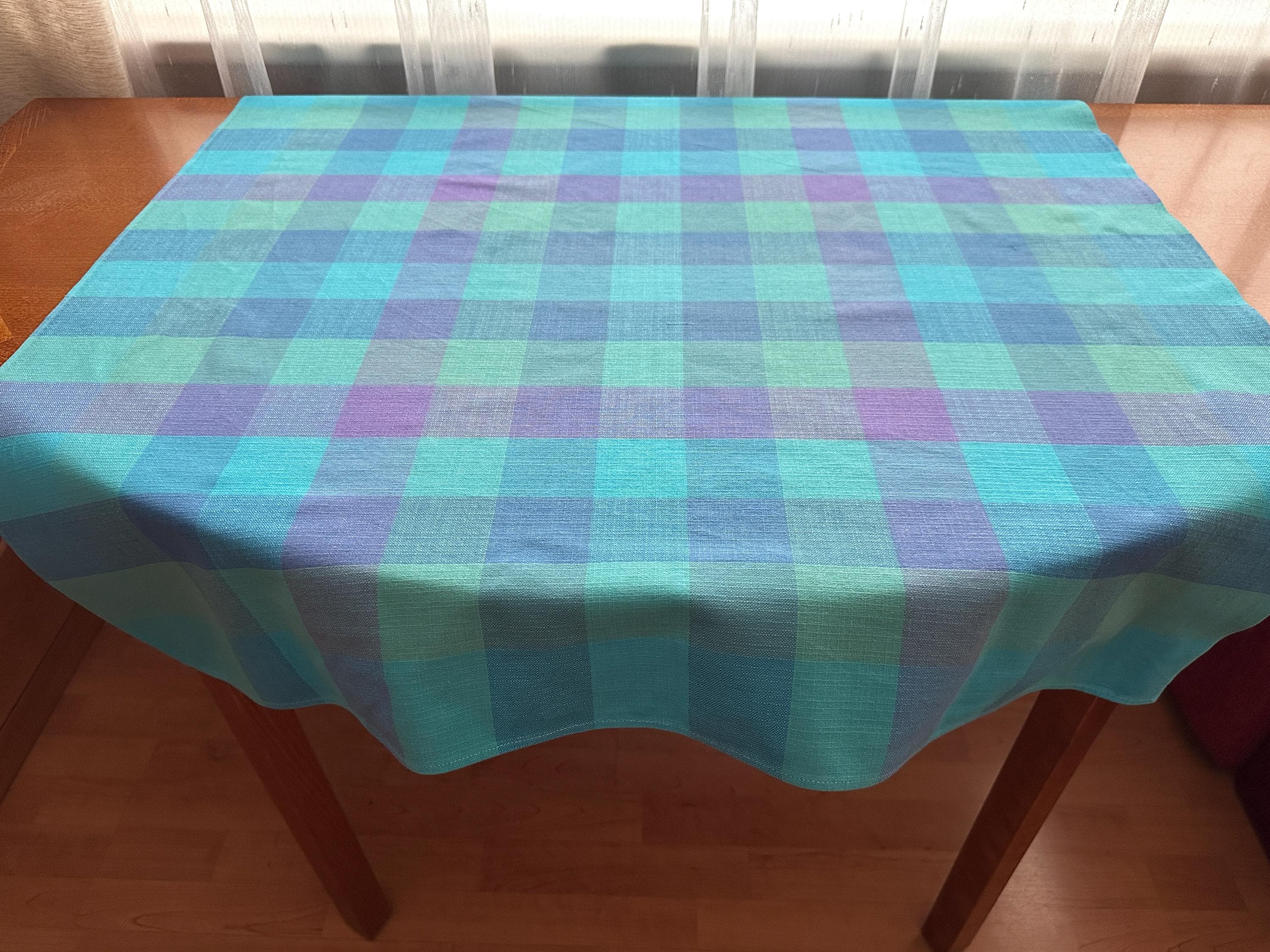 Vintage Blue Green Check Tablecloth Cotton Plaid Table Linen Mid ...