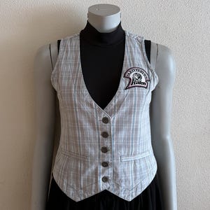 Women&#39;s Vest Gray Plaid Womens Vest Checkered Cotton Waistcoat Medium Size