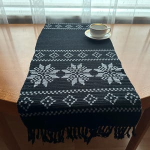 Handmade Black Table Runner with Nordic Snowflake Pattern Crochet Winter Decor Scandinavian Christmas Table Decor Gift Idea