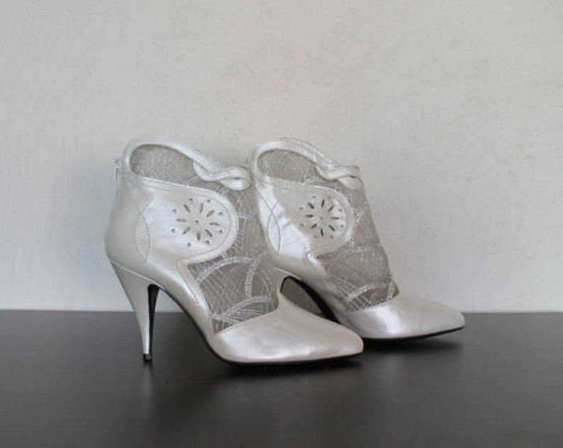 White Ivory Ankle Boots High Heel Leather and Lace Wedding Shoes Bridal Size 39