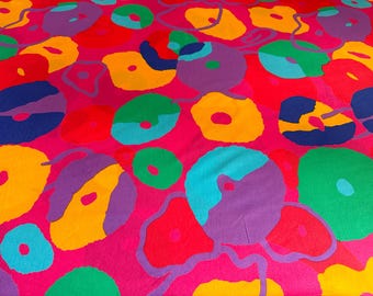 Vintage Scandinavian Abstract Floral Fabric Bold Colorful Cotton Textile Retro 1970s Pop Art Style Mid Century Modern Finnish Design