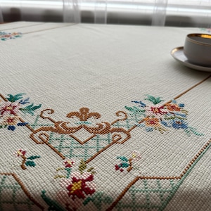 Vintage Tablecloth Flower Cross Stitch Embroidered Tablecloth Scandinavian Table Runner Retro Home Decor