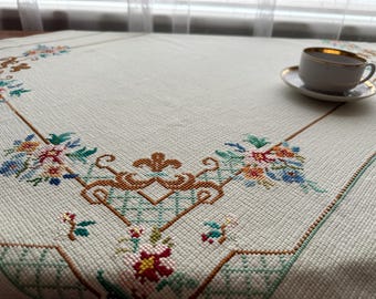Vintage Tablecloth Flower Cross Stitch Embroidered Tablecloth Scandinavian Table Runner Retro Home Decor