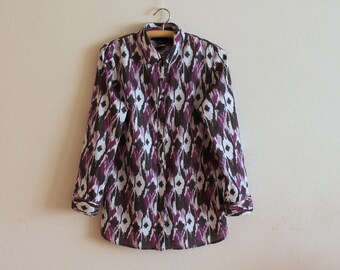 Vintage Blouse Summer Blouse Cotton Top Long Sleeve Shirt Tunic Purple White Black Medium Size
