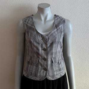 Women&#39;s Vest Plaid Cotton Vest Gray Checkered Womens Waistcoat Fitted