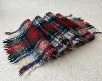 Vintage Brushed Tartan Scarf Red Green Blue Plaid Fuzzy Mohair Style Winter Scarf with Fringe  Soft Cozy