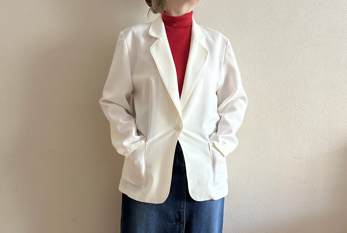 Women's Jacket White Jacket Ivory Vintage Blazer Ladies Jacket Women Blazer Jacket Cardigan Blazer, foto 2 di 5