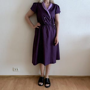 Vintage Women&#39;s Dress Purple  Midi Dress Short Sleeve Elastic Waist Hand Made Summer Dress