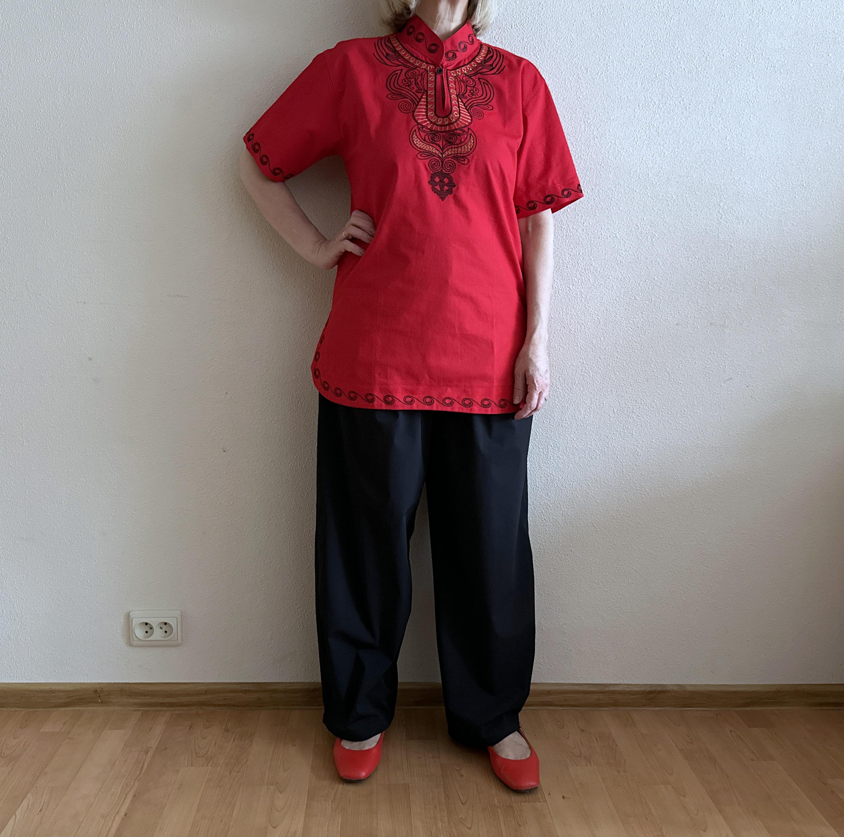 ヴィンテージ中国刺繍チュニック 赤いマンダリンカラーブラウス 