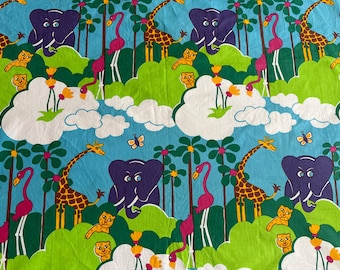 Vintage Jungle Animals Cotton Fabric Elephants Giraffes Flamingos Leopards Bright Kids Print  Sewing Material