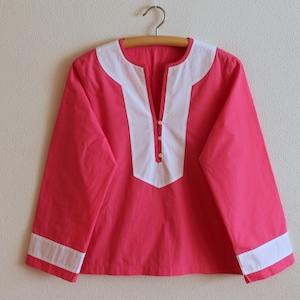 Vintage Shirt Coral Red White Summer Blouse Long Sleeve Pink Top Cotton Peasant Shirt Tunic Hippie Boho Medium Size