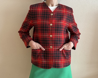 Tartan Plaid Blazer Vintage Jacket Red Plaid Blazer Womens Tartan Plaid Jacket Wool Blend Checkered Blazer Shoulder Padding Medium Size