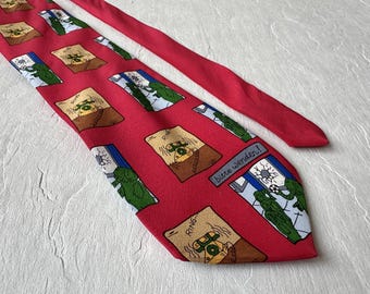 May include: Red necktie with repeating cartoon images of ringing telephones and figures. The tie also features the text "Ring" and "Bitte wenden!" in a playful design. The tie is made of a smooth fabric.