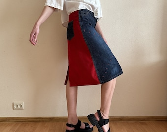 Women's Skirt Blue Denim Skirt Red Corduroy Skirt High Waist A Line Skirt Midi Skirt Cotton Hippie Bohemian Country Western Boho Medium Size