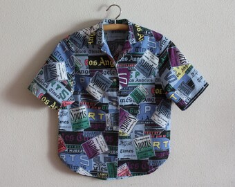 Newspaper Print Blouse Women&#39;s Shirt Colorful Vintage Womens Blouse Short Sleeve Ladies Top Button Up USA Newspaper Print