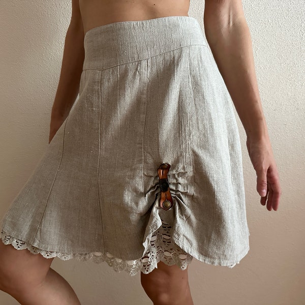 Vintage Dirndl Skirt Alpen Trachten Loden Skirt German Austrian Tyrolean Bavarian Summer Skirt Lace Trim Gray Linen Skirt