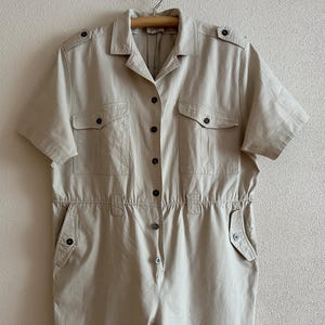 Beige Utility Jumpsuit Women Vintage Style Boiler Suit Short Sleeve Coverall Workwear Romper Safari Military Overall Beige Cotton One Piece image 6