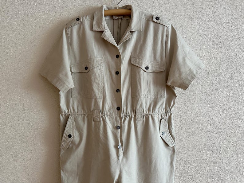 Beige Utility Jumpsuit Women Vintage Style Boiler Suit Short Sleeve Coverall Workwear Romper Safari Military Overall Beige Cotton One Piece image 6